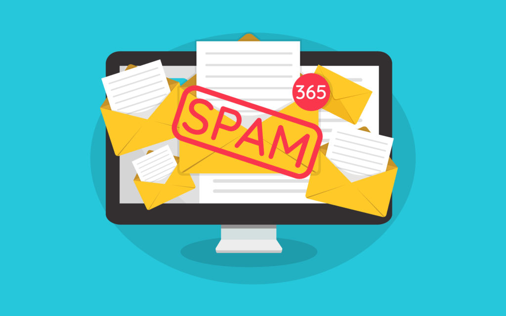 Spamming concept, a lot of emails on the screen of a monitor. Email box hacking, spam warning. Illustration