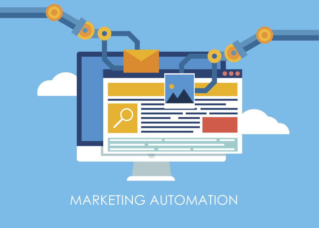 Marketing Automation. Computer with a site that builds the robot’s hands.